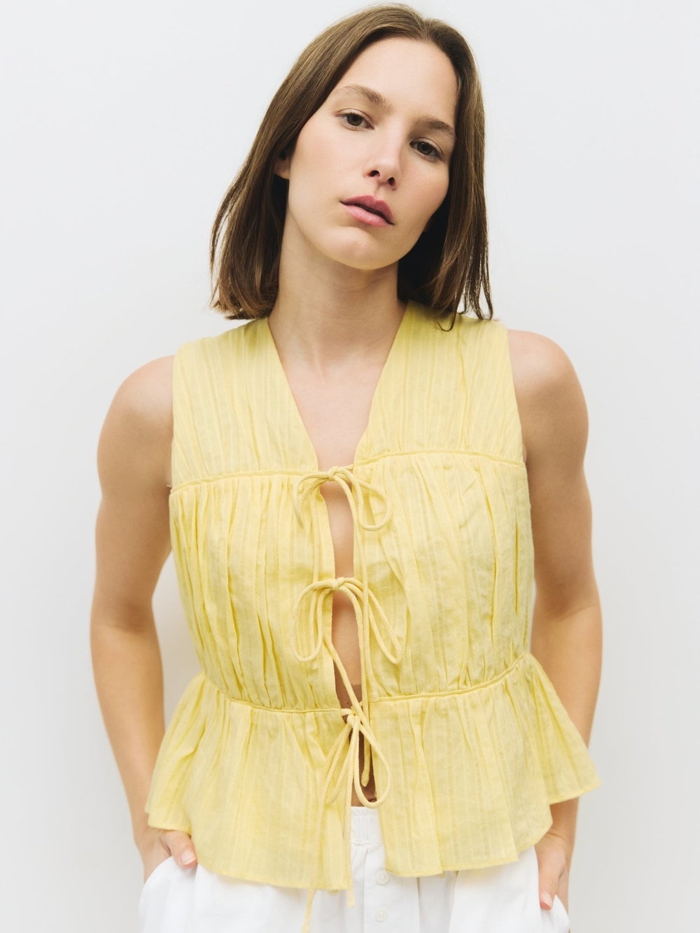 NWOT The Dunst Top Yellow Tie-Front Peplum Sleeveless